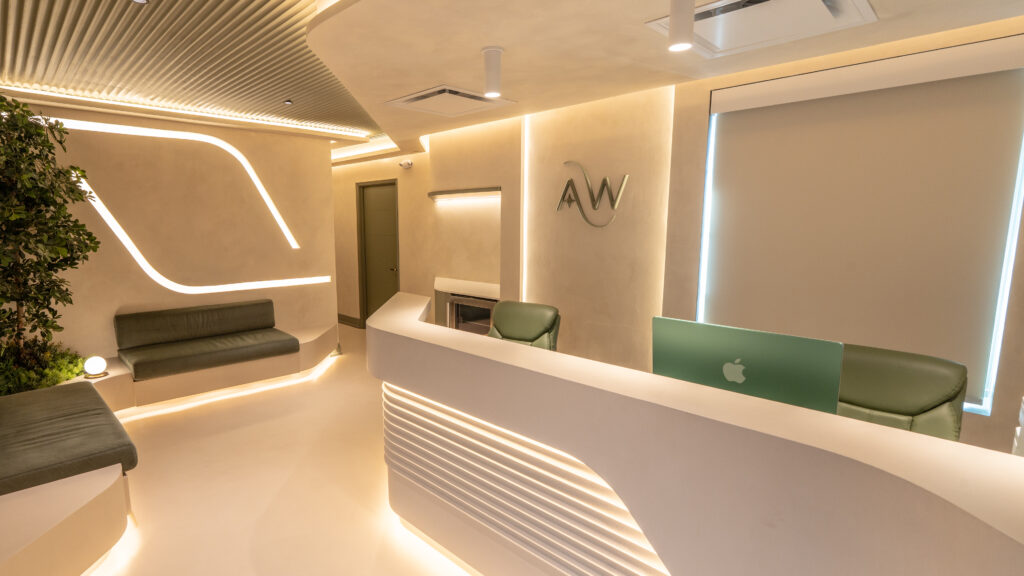 Reception desk and waiting area at AuraWell Health Centre in Woodbridge